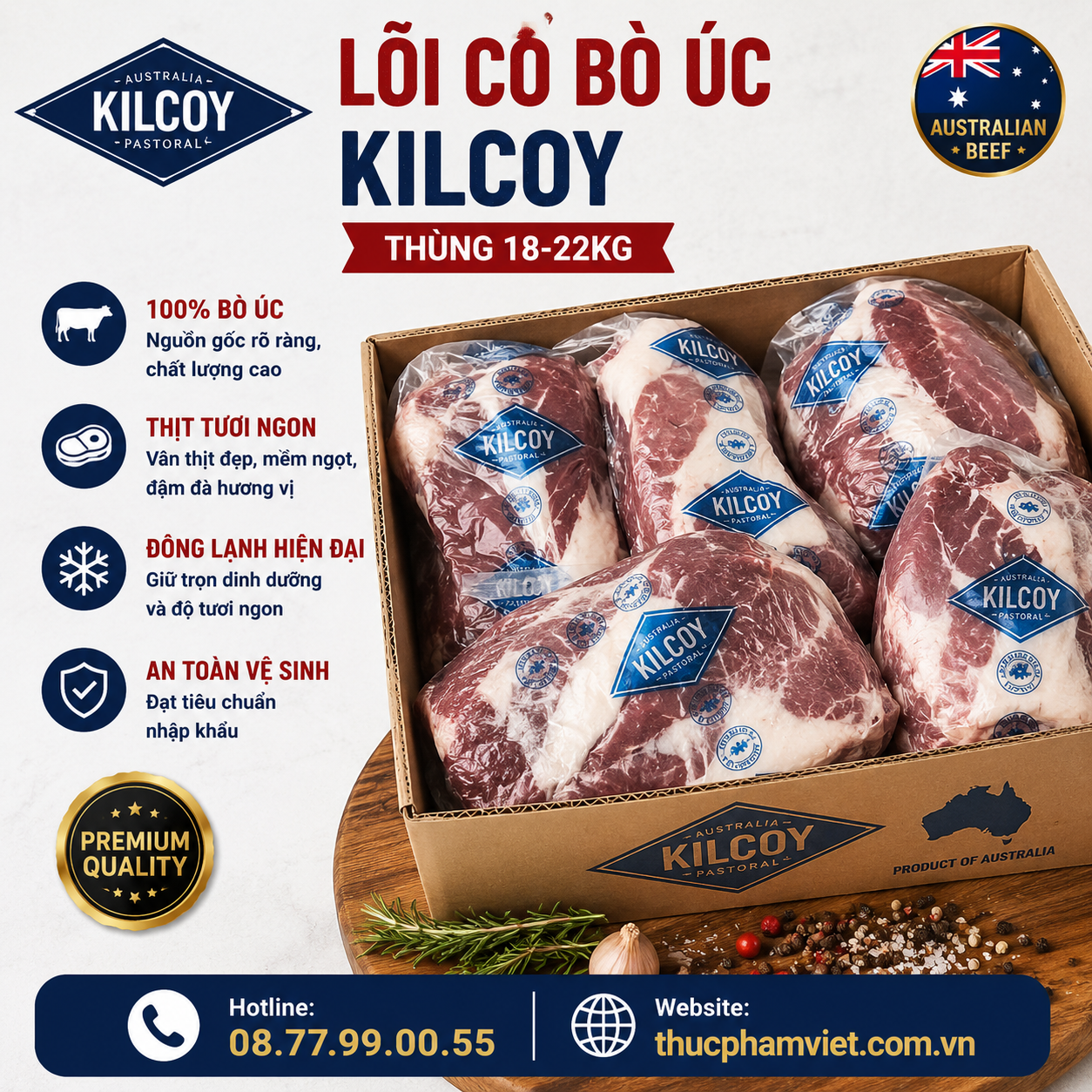 Lõi Cổ Bò Úc Kilcoy 🥩 Quy Cách Thùng 18-22kg